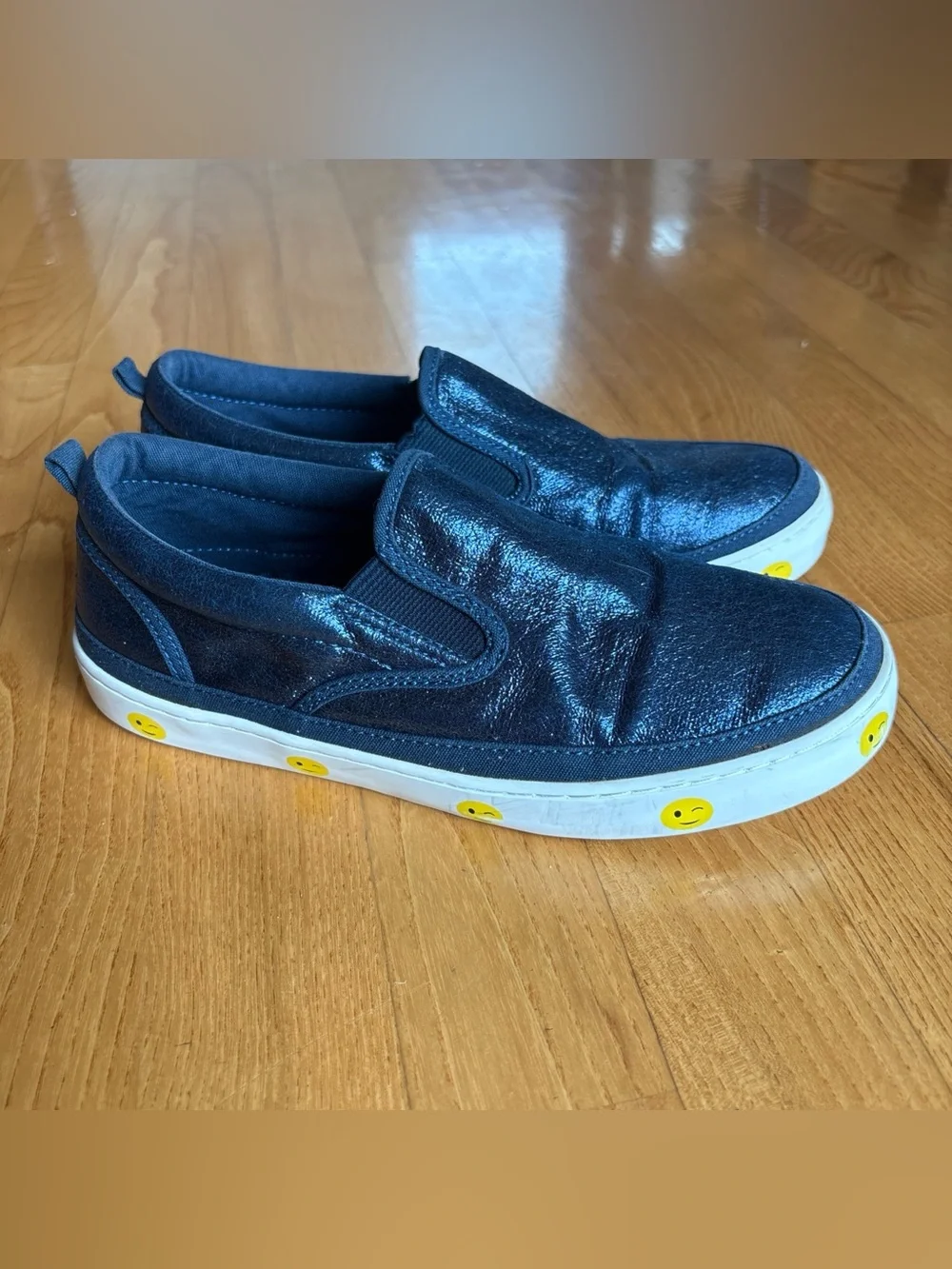 Gap Metallic Blue Smiley Face Sneakers Shoes Sparkly Sparkle White Size 4 Youth